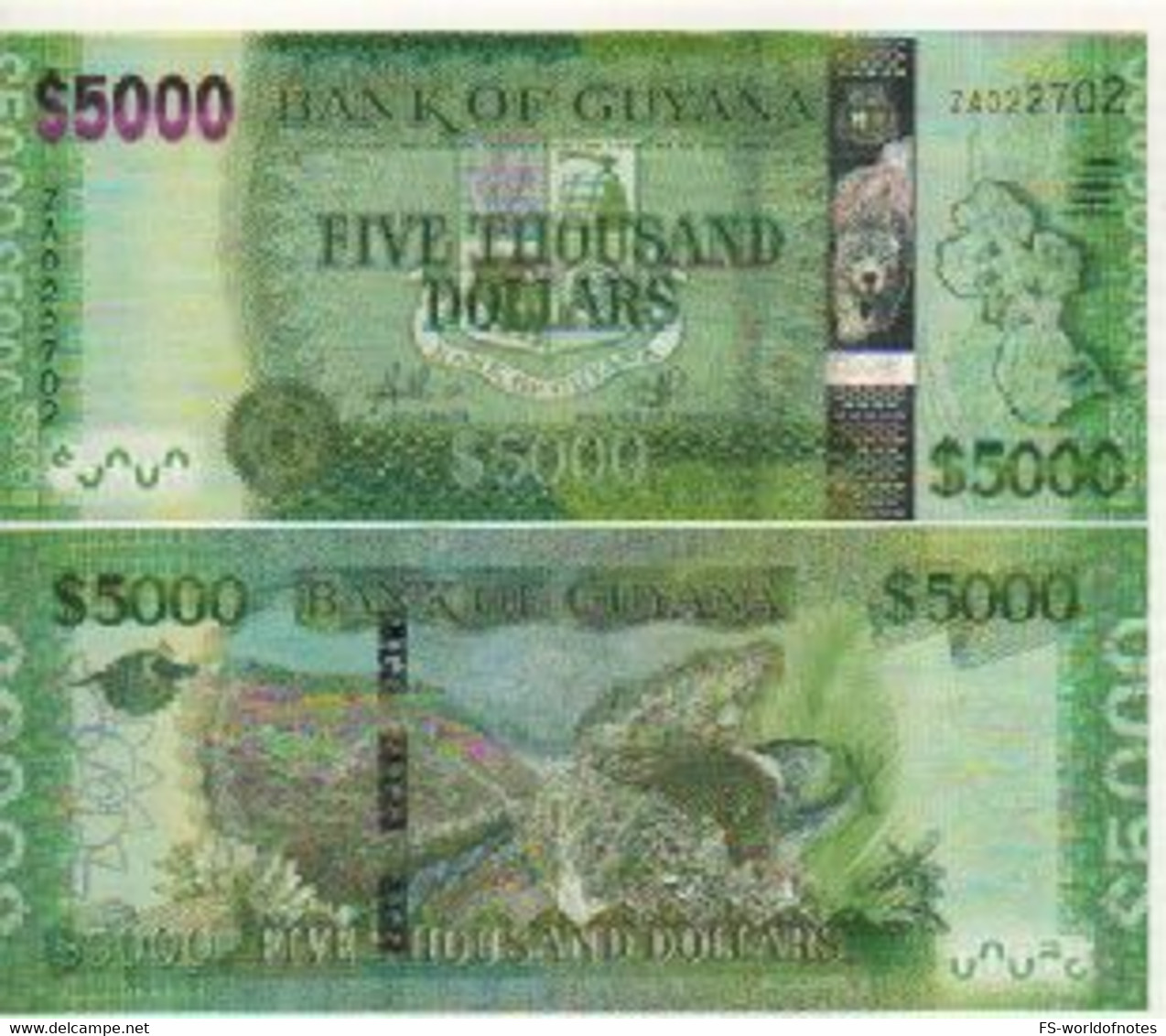 GUYANA   5'000 Dollars  P40a "REPLACEMENT"  UNC   (ND  2011 -  2018   Map + Bird On Back ) - Guyana