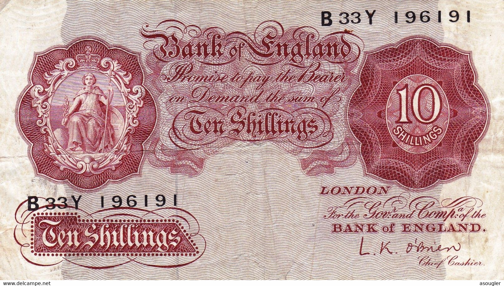 Great Britain United Kingdom England 10 Shillings 1955-60 VF P-368c "free Shipping Via Registered Air Mail" - 10 Shillings