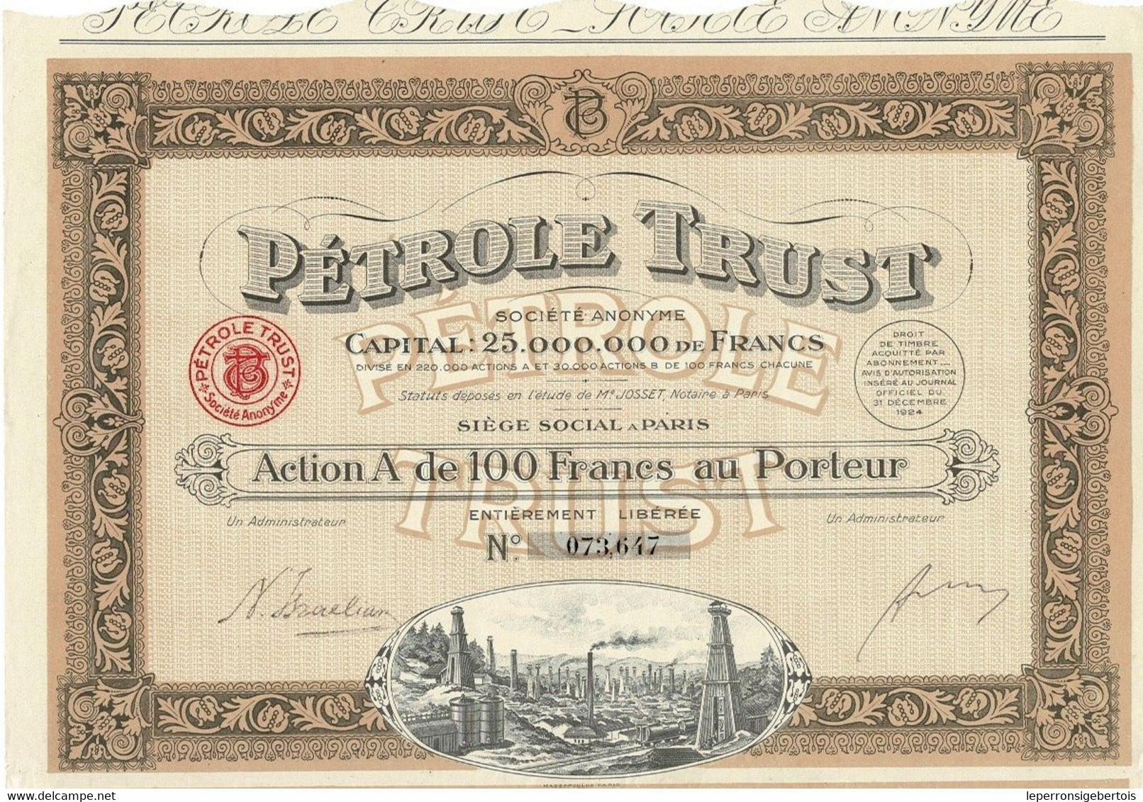 - Titre De 1924 - Pétrole Trust - Société Anonyme - N° 073647 - Pétrole