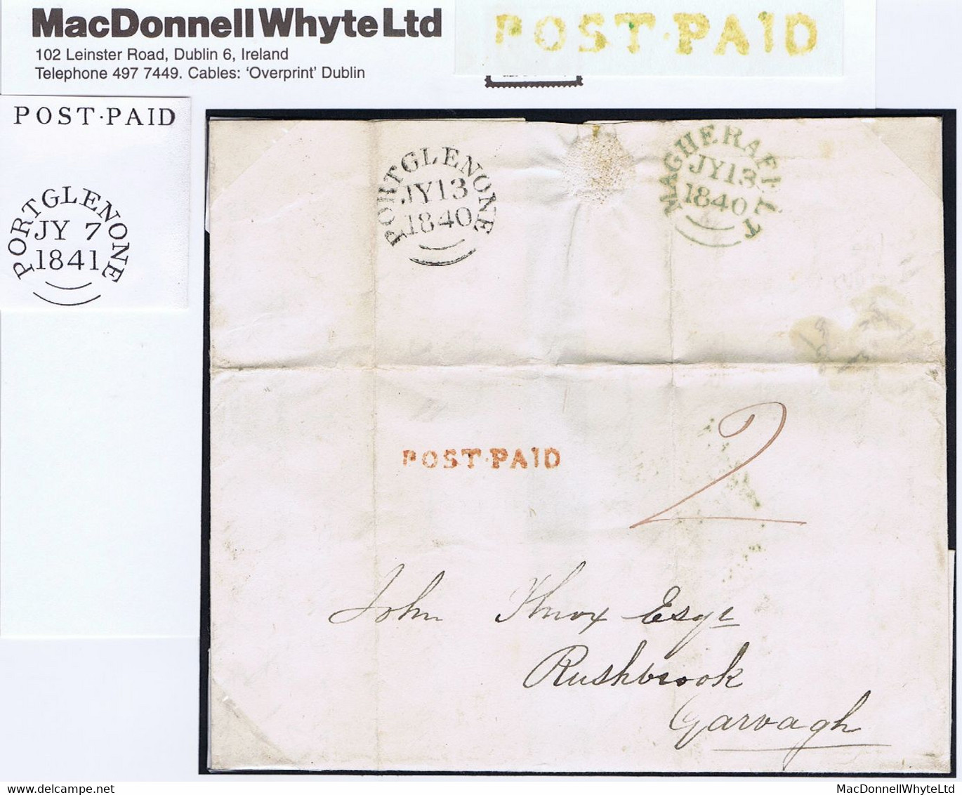 Ireland Antrim 1840 Portglenone Unframed POST-PAID, Clear Strike On Letter To Garvagh Prepaid Double - Préphilatélie