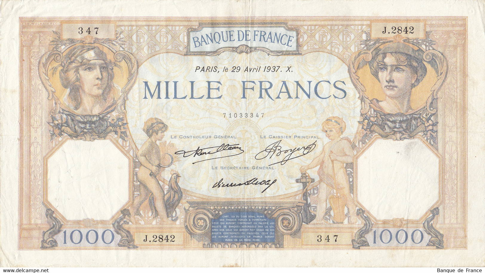 Billet 1000 F Cérès Et Mercure Du 29 Avril 1937 FAY 37.10 Alph. J.2842 - 1 000 F 1927-1940 ''Cérès Et Mercure''