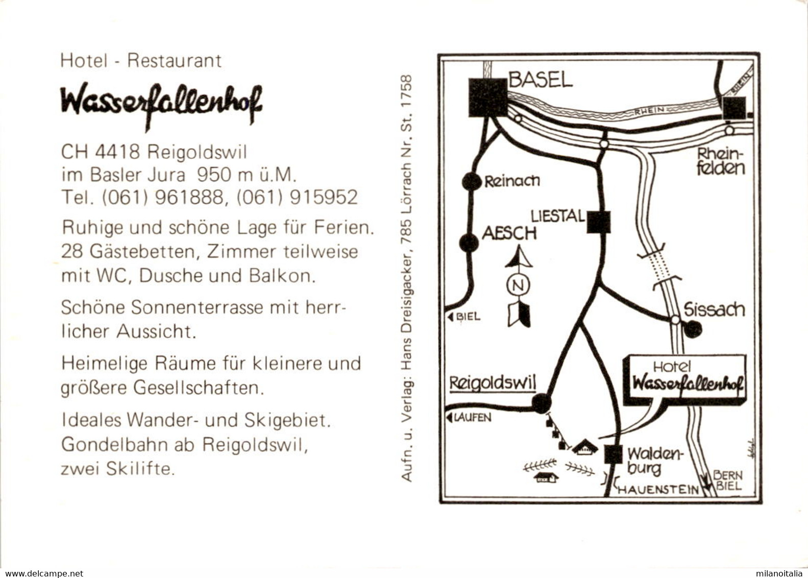 Hotel-Restaurant Wasserfallenhof - Reigoldswil - 4 Bilder - Werbekarte Mit Mittelfalz - Reigoldswil