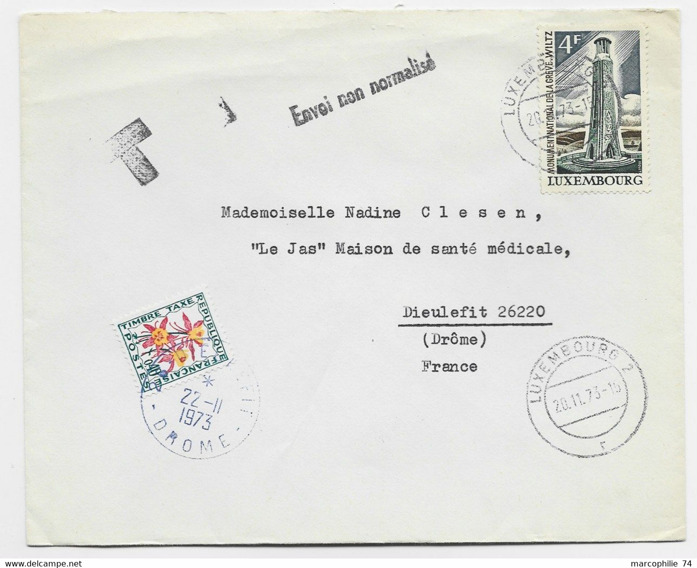 LUXEMBOURG 4FR SEUL LETTRE COVER  LUXEMBOURG 20.11.1973 + GRIFFE ENVOI NON NORMALISE TO FRANCE TAXE FLEURS 40C - Brieven En Documenten