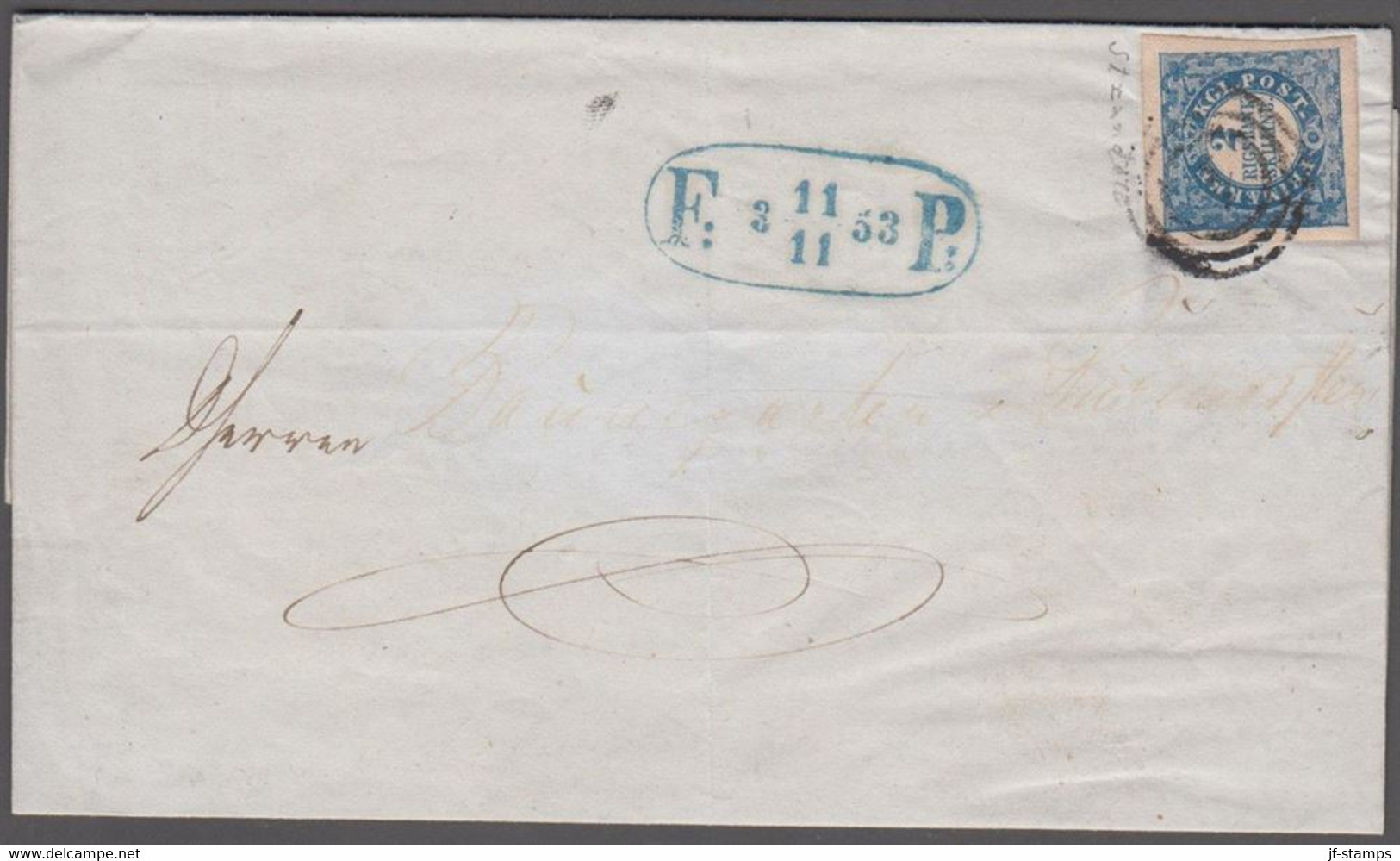 1853. 2" Rigsbankskilling. Blue. Thiele Print Very Beautiful Stamp On A Small Food-post Cover... (Michel 2II) - JF523843 - Lettres & Documents