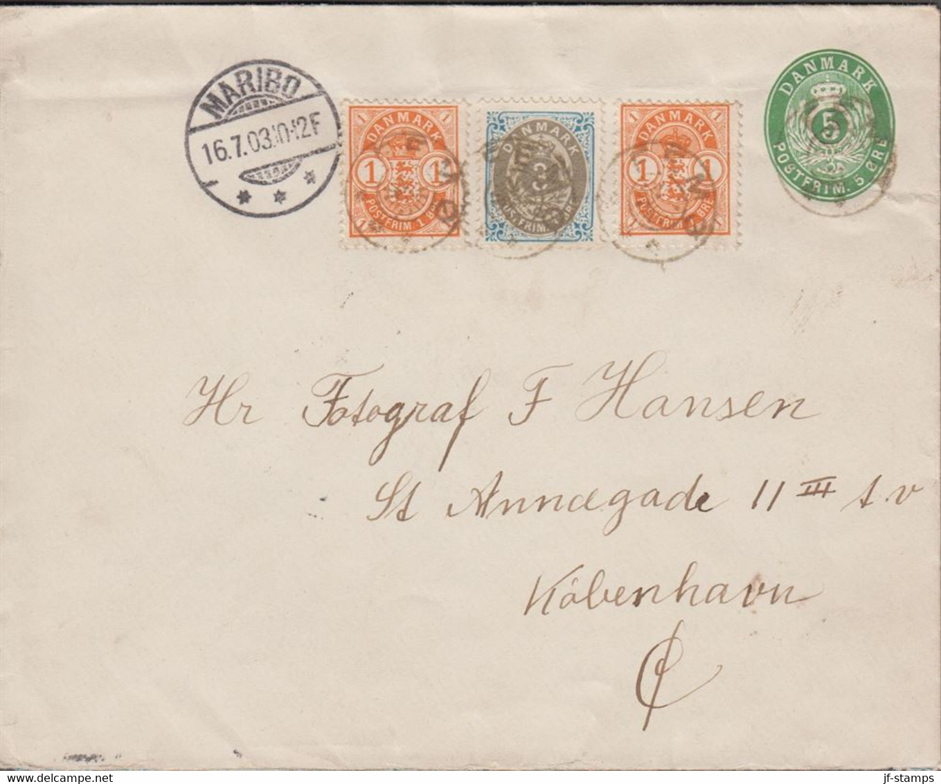 1903. DANMARK.  5 ØRE Envelope With 3 ØRE + 2 Ex 1 ØRE Coat Of Arms To København Cancelled FEM... (Michel 37) - JF523848 - Brieven En Documenten