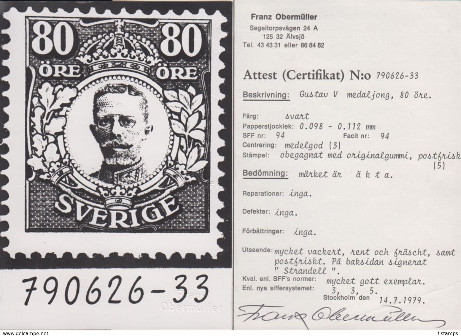 1911-1919. Gustav V. 80 ÖRE. Scarce Never Hinged Stamp. Only 1000 Issued. Certificate Franz Ob... (Michel 85) - JF523853 - Neufs