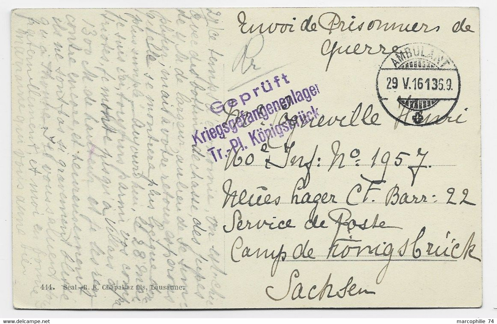 SUISSE HELVETIA CARTE  BEX + AMBULANT 29.V.1916 + GEPRUFT POUR CAMP SACHSEN - Sellados