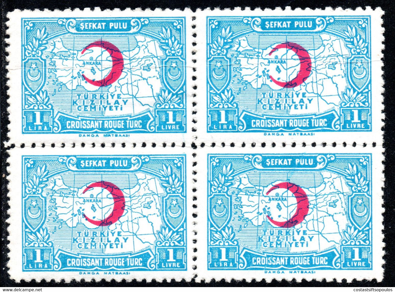 1018.TURKEY,1943 1L. RED CRESCENT,MAP.MICH.50III,Y.T.90A PERF. 10 X 11 3/4 MNH BLOCK ,UPPER PAIR NATURAL PAPER CREASE - Unused Stamps