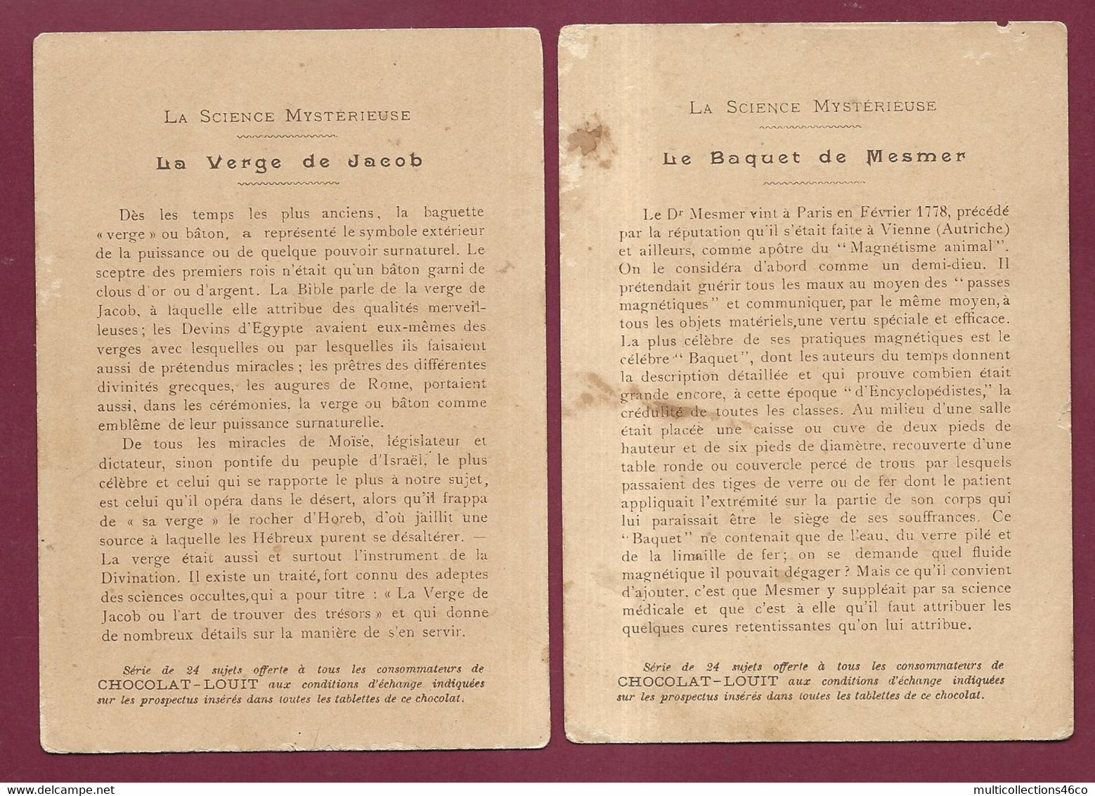 030822B - 2 CHROMO - CHOCOLAT LOUIT - SCIENCE MYSTERIEUSE - Verge De Jacob Baquet De Mesmer - Jeu Magie Occulte - Louit