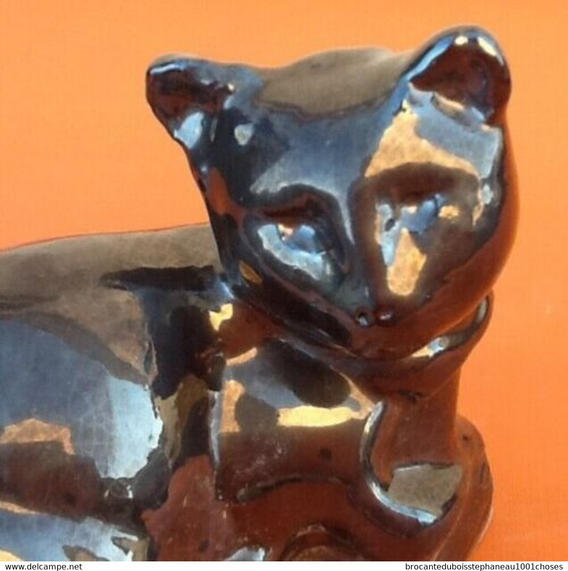 Années 1950 " Le Chat  "  Sculpture Terre Cuite émail Irisé Longueur : 140mm - Autres & Non Classés