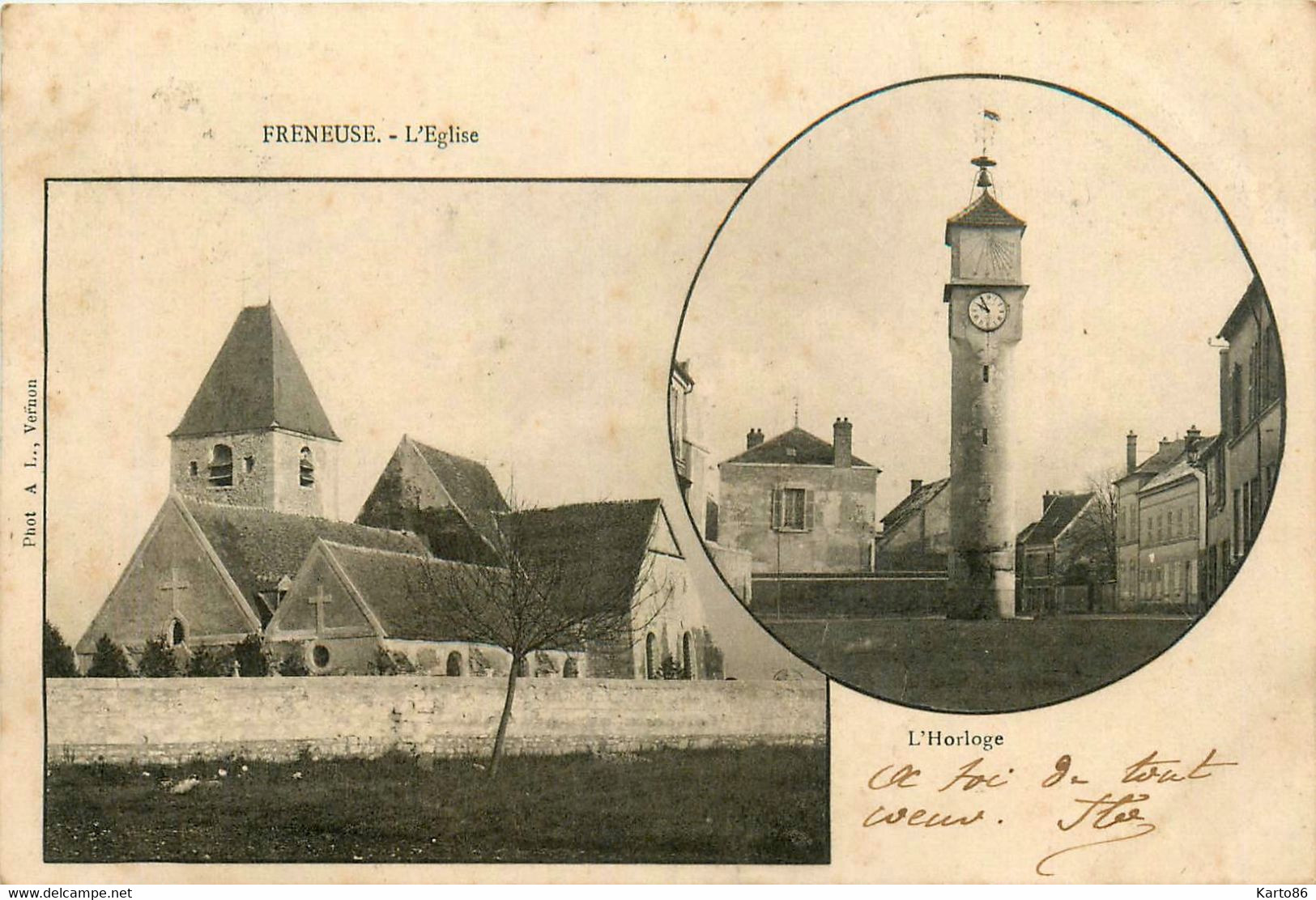 Freneuse * Vue Sur L'église Et L'horloge Du Village * Cpa 2 Vues - Freneuse