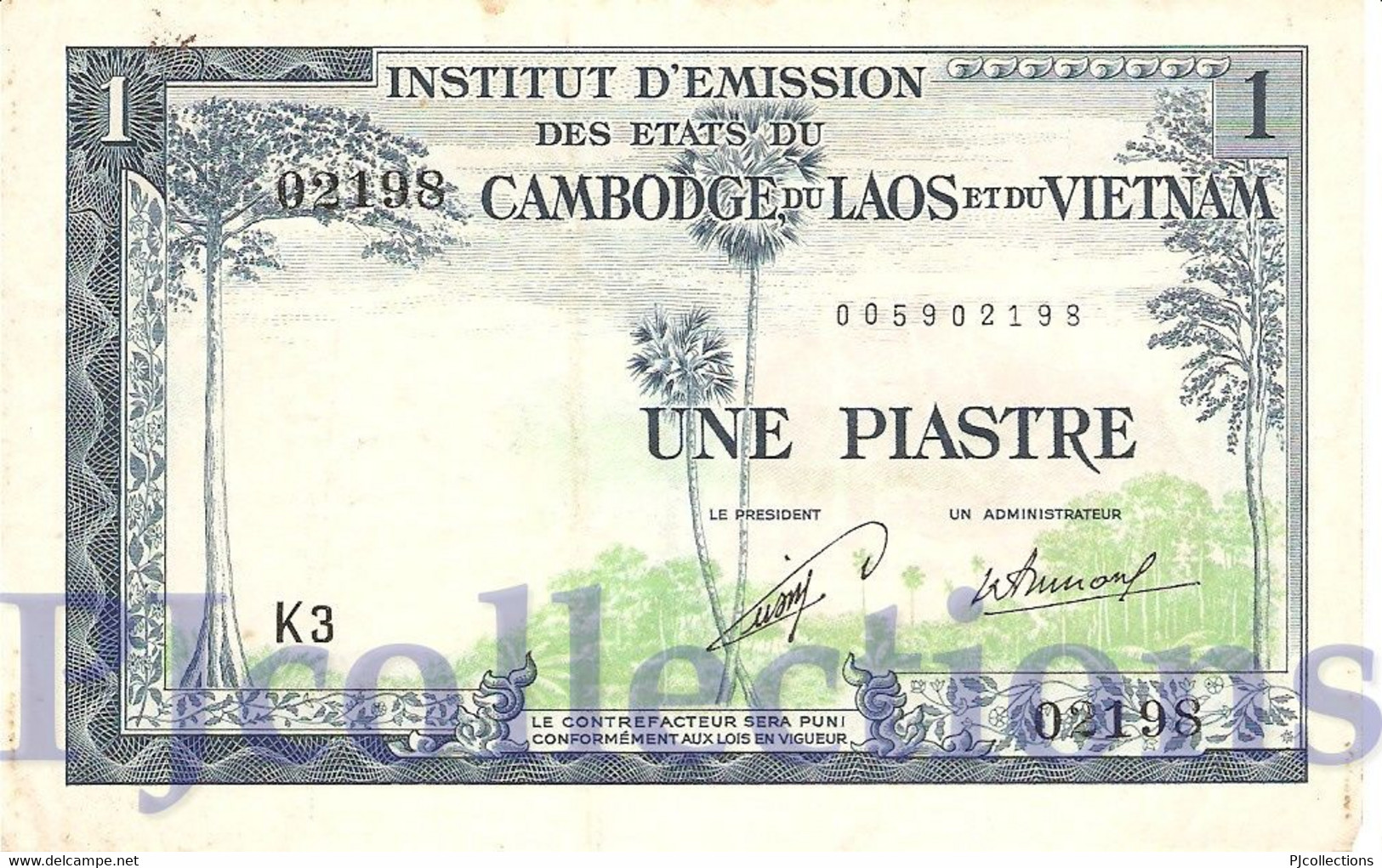 FRENCH INDOCHINA 1 PIASTRE 1954 PICK 100 VF+ RARE - Indochine