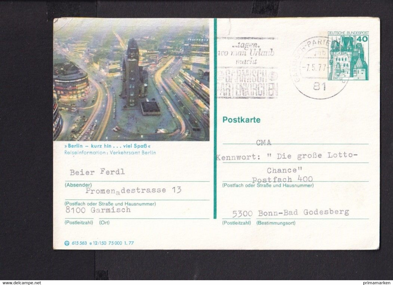 RK1.6 /  BRD Ganzsache Bildpostkarte  Berlin 1977  /   Stempel  Garmisch - Geïllustreerde Postkaarten - Gebruikt