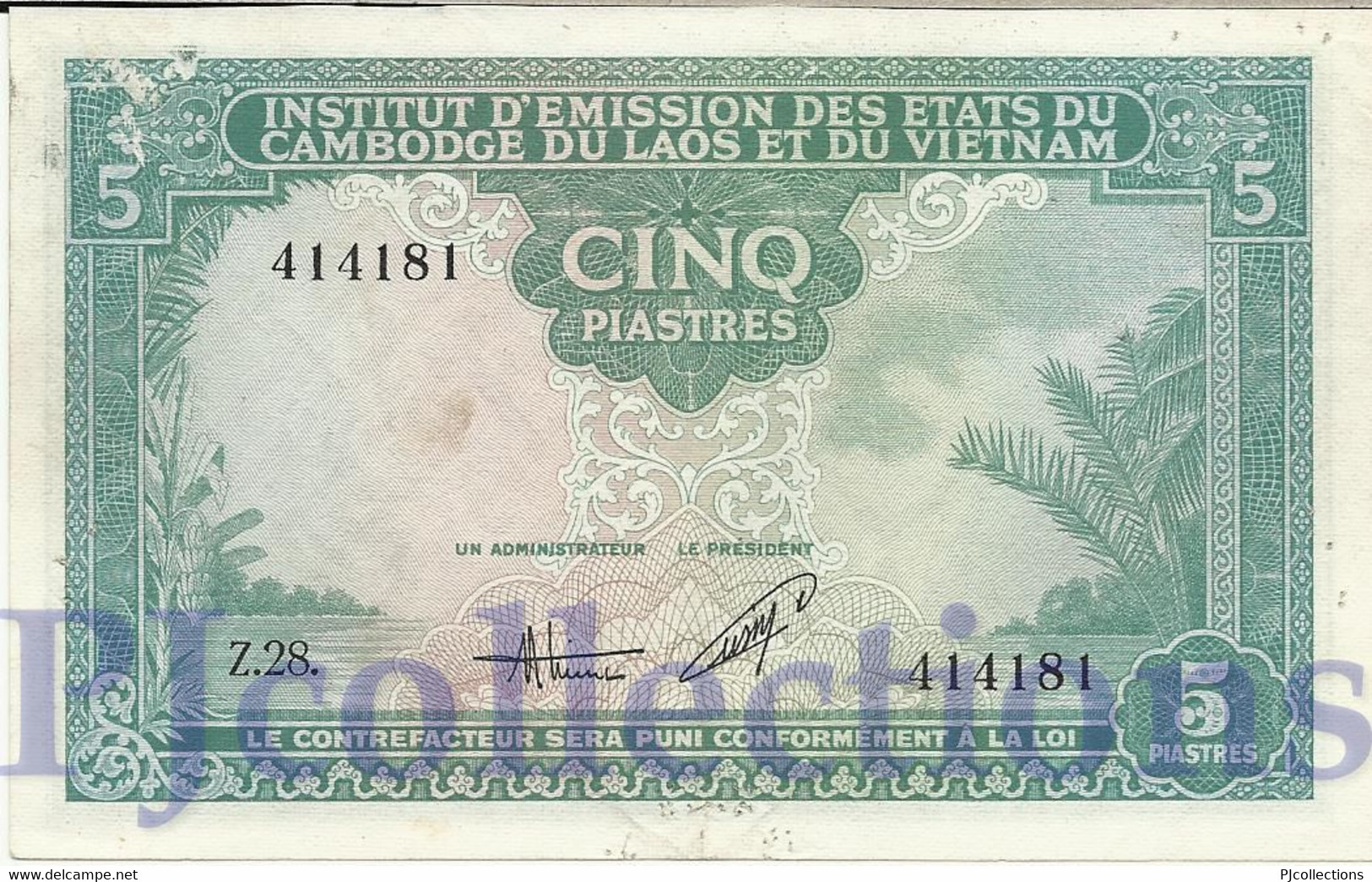 FRENCH INDOCHINA 5 PIASTRES 1953 PICK 106 AU W/HOLES - Indochina