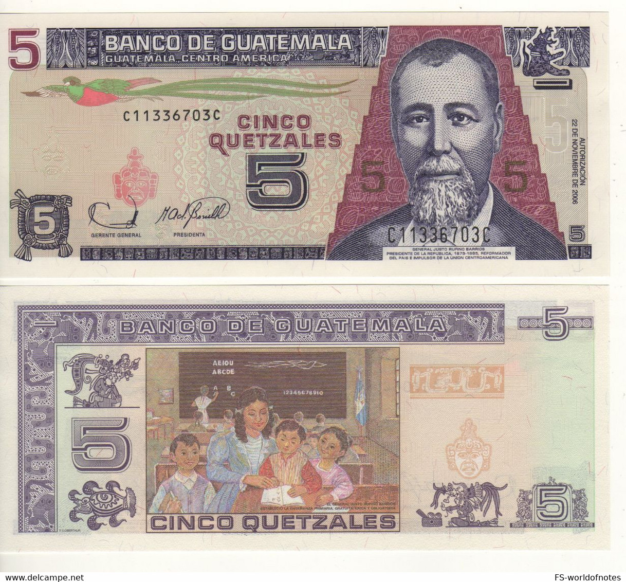 GUATEMALA  5 Quetzales  P106b   22.11.2006  " General Justo Rufino Barrios+children In Classroom At Back" UNC - Guatemala