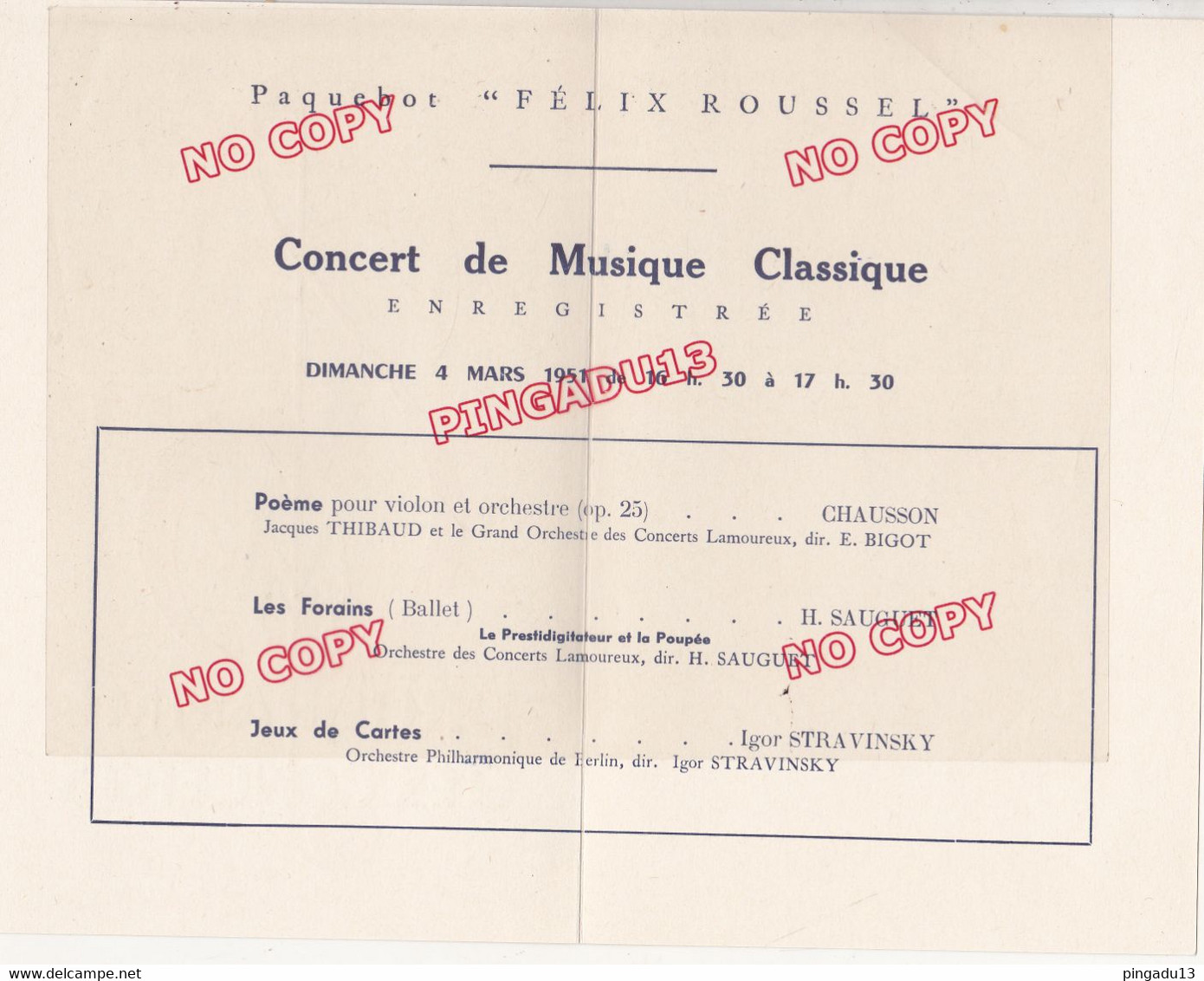 Au Plus Rapide Paquebot Félix Roussel Messageries Maritimes Programme Concerts 4 Mars 1951 - Programmi