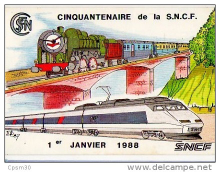 CP - Cinquantenaire De La SNCF 1er Janvier 1988 - Machine Vapeur Et TGV - Illustration De D Droniou - Cp N° 1988 26 - Sizi