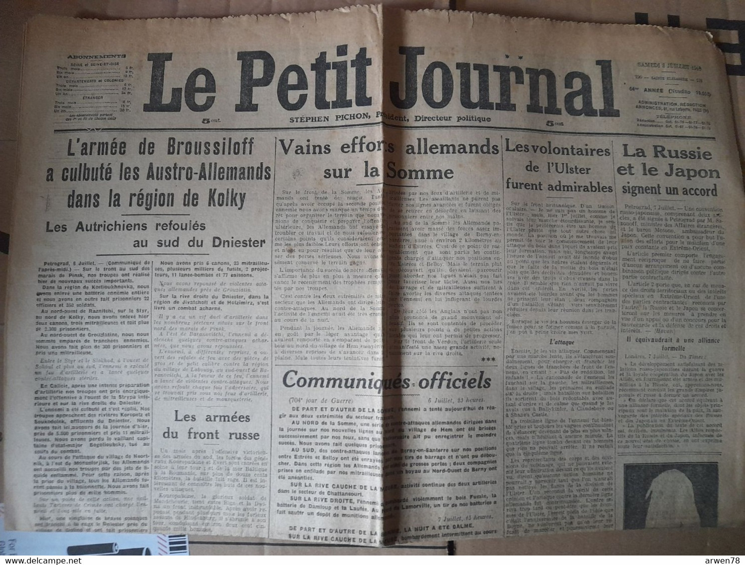 WWI Quotidien Le Petit Journal 8 Juillet 1916 Accord Russie Japon Clery Sur Somme Revolution A  Saint Domingue - Le Petit Parisien