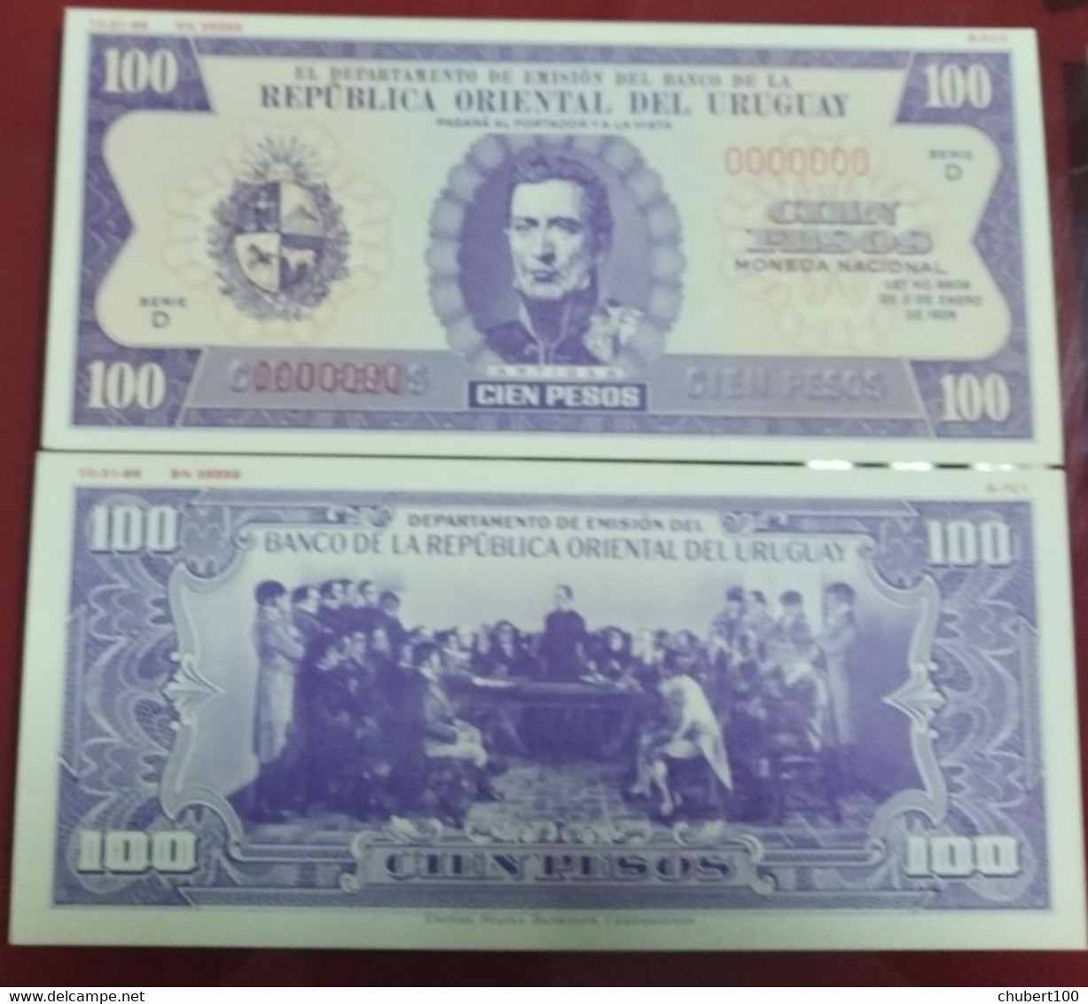 URUGUAY, P Unl 39p , 100 Pesos , L 1939 (1966) , UNC ,  PROOF COLOUR TRIAL SPECIMEN , 2 Notes Violet Variety - Uruguay