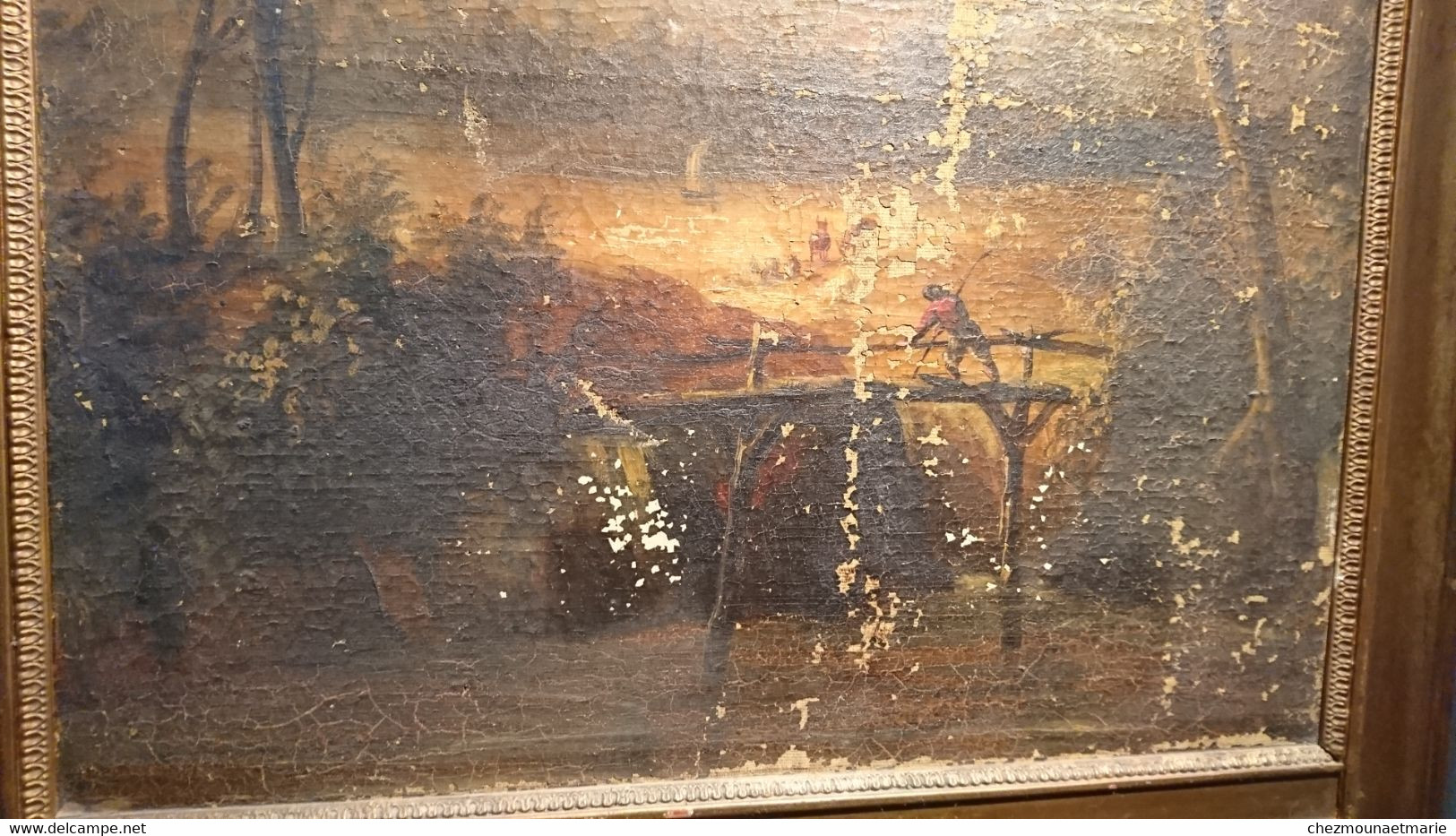 TRUMEAU MIROIR AVEC HUILE SUR TOILE SCENE PECHE BATEAU Taille 121*65 Cm - Espejos