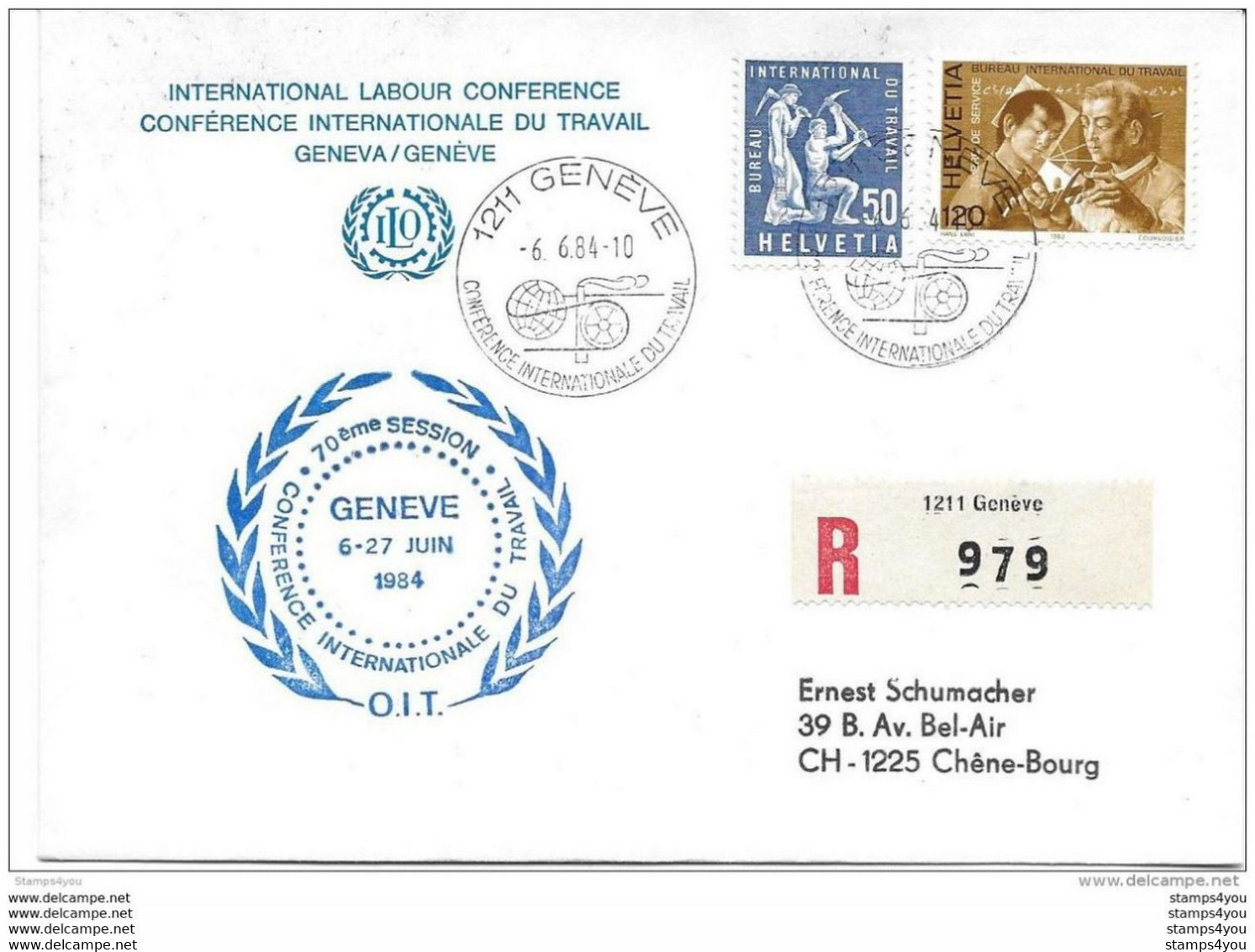 56 - 61 - Enveloppe Recommandée Timbres De Service  BIT Et Oblit Spéciale "Conféence Intenat Du Travail 70ème Session" - ILO