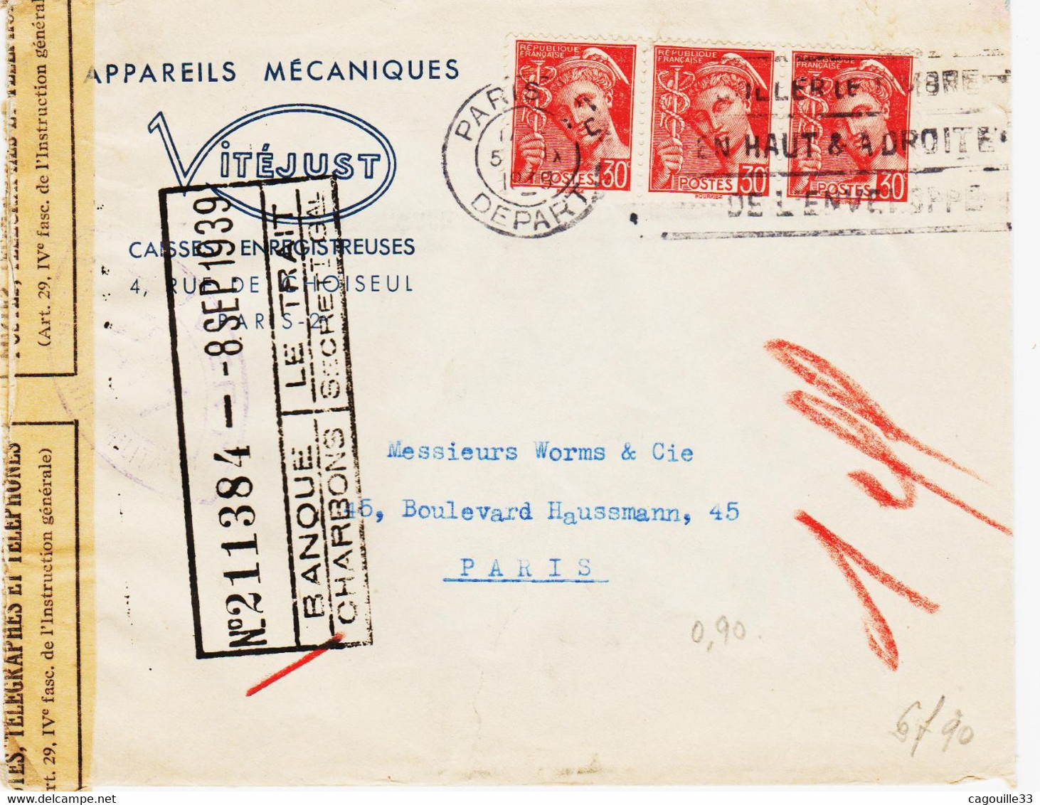 France,  De Paris 37 En Sept  1939  Censure   Tarif 90 C Bande De Trois Mercure TB - Tarifs Postaux