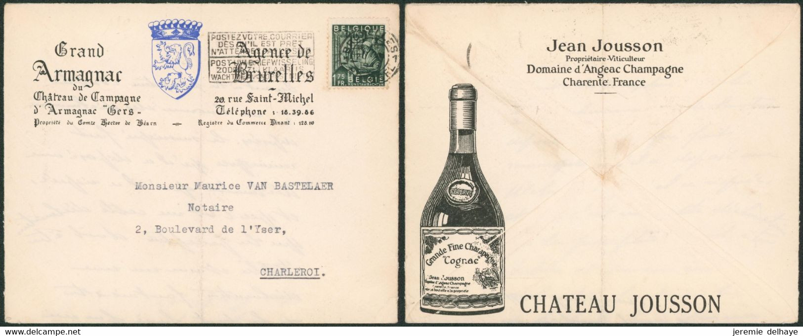 Exportation - N°768 Sur Lettre Illustrée "Grand Armagnac" (Agence De Bruxelles) > Charleroi - 1948 Exportation