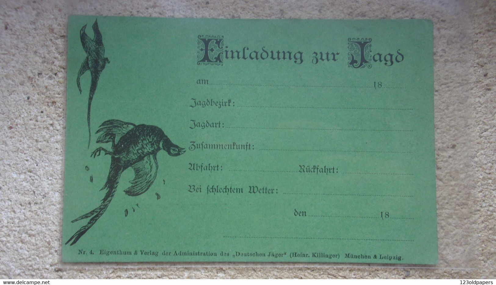 ♥️ VERS 1890 AK Einladung Zur Jagd CPA ILLUSTREE INVITATION CHASSE FAISAN  DEUTSCHEN JAGER HEINR KILLINGER - Autres & Non Classés