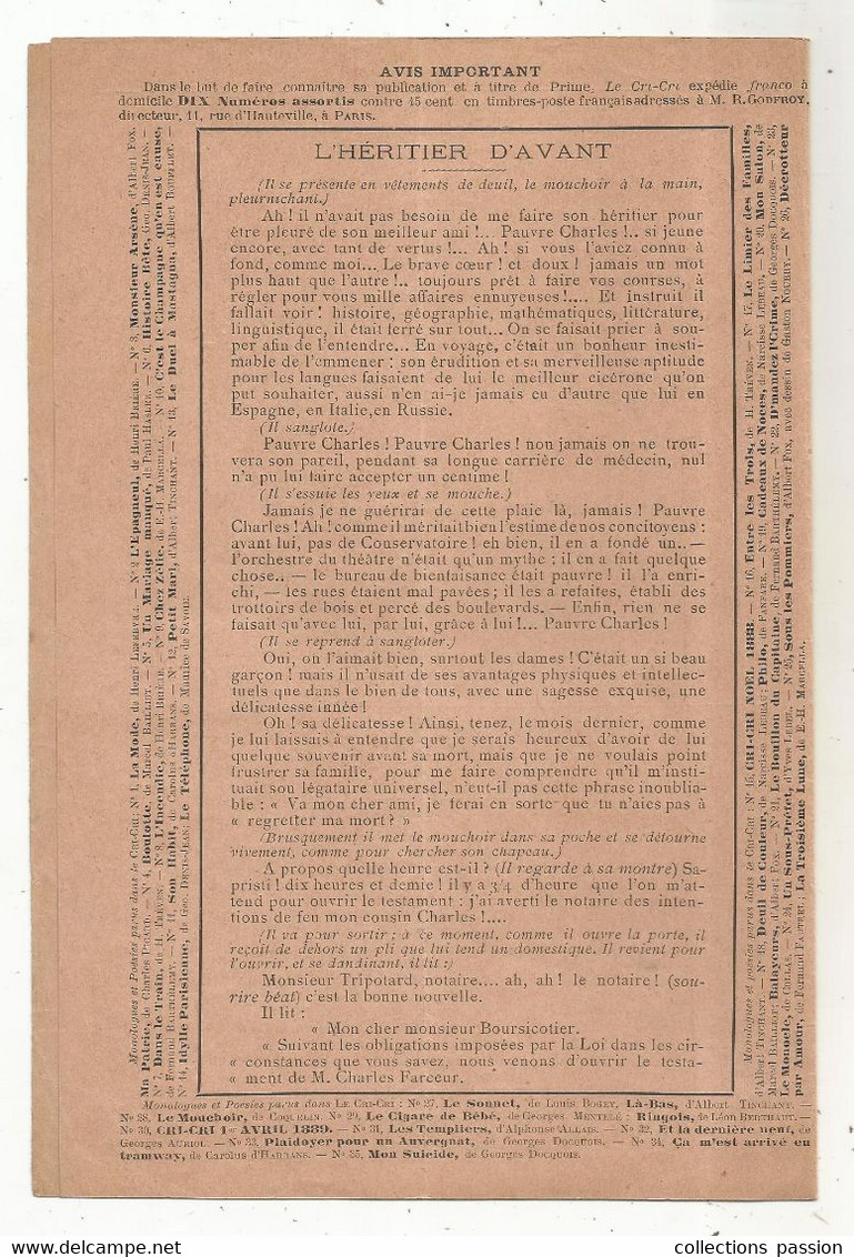 LE CRI - CRI, Bibliothéque Théâtrale Et Litteraire , Léon L. Berthaut, L'HERITIER D'AVANT , 4 Scans , Frais Fr 1.85 E - Französische Autoren