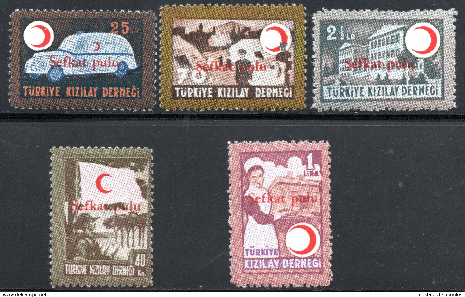 1019.TURKEY,1949 .SEFKAT PULU CHARITY RED CRESCENT,MICH. 159-163 MNH SHORT BSET,40 K. FLAG CREASED - Nuovi