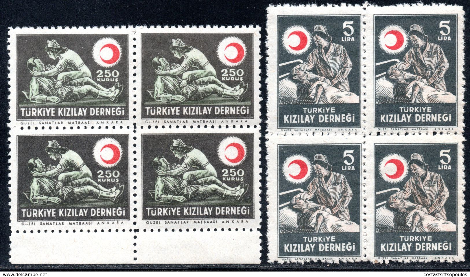 1020.TURKEY,1947. CHARITY RED CRESCENT,MICH. 134-135 MNH BLOCKS OF 4,BICOLORED GUM. - Neufs