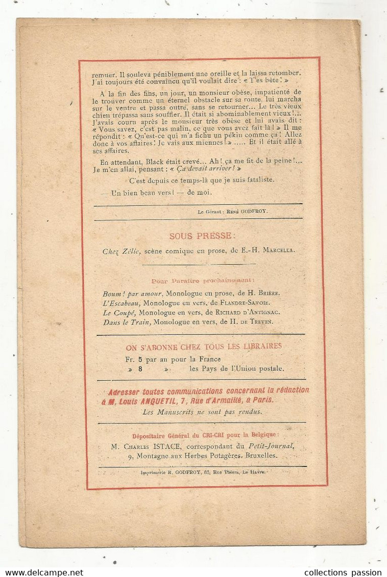 LE CRI - CRI, Bibliothéque Théâtrale , Geo Denis-Jean, HISTOIRE BETE, 4 Scans , Frais Fr 1.85 E - French Authors