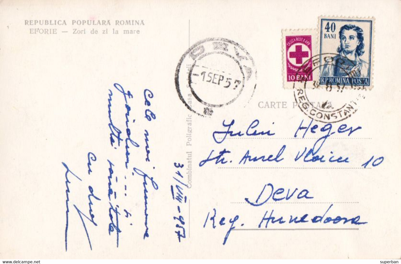 CRUCEA ROSIE / CROIX ROUGE / RED CROSS - TIMBRE Sur CARTE POSTALE : 10 BANI / 1957 - CINDERELLA On POSTCARD !!! (aj992) - Fiscale Zegels