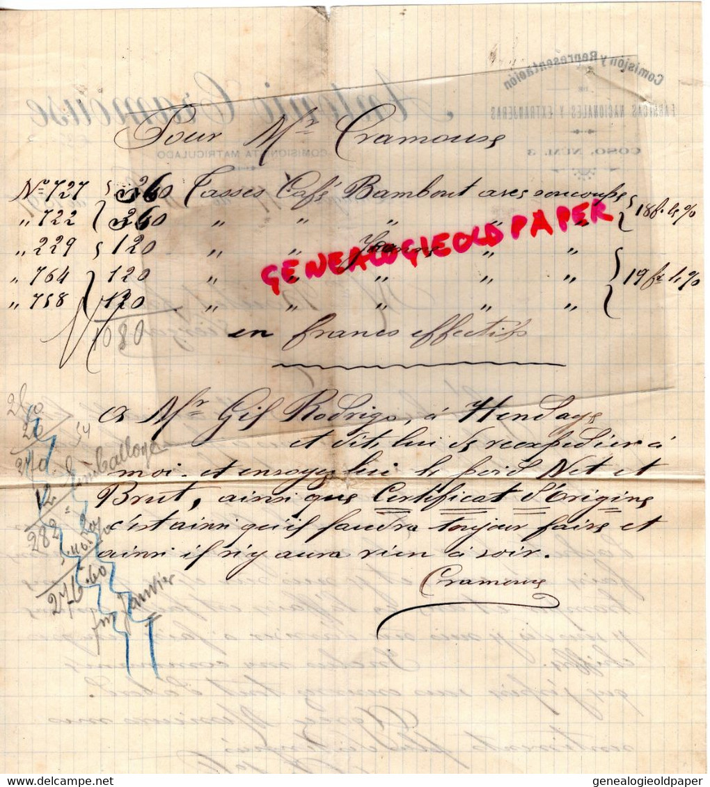 ESPAGNE - ARAGON- ZARAGOZA- RARE LETTRE MANUSCRITE ANTONIO CRAMOUSE 1897- A BOUTET FRERES VIERZON - España