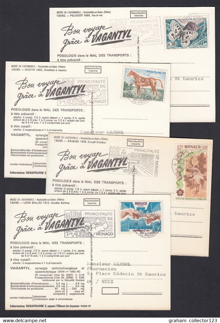 FOUR Postcard Postale Carte Postkarte Classic Automobiles Cars All Displaying Cancelled Monaco Stamps On Reverse 1970s - Covers & Documents
