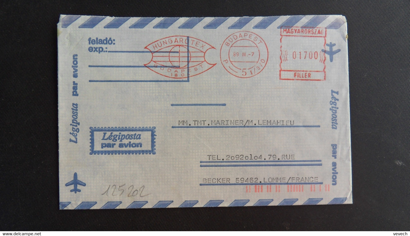 LETTRE Par Avion Pour La FRANCE EMA à 01700 Du 89 III 7 BUDAPEST + HUNGAROTEX - Cartas & Documentos