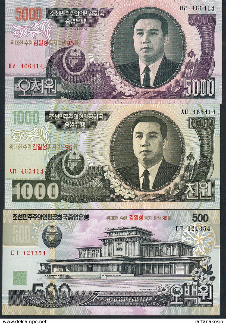 KOREA NORTH  P49-57   1,5,10,50,100,200,500,1000,5000 WON (2008) COMPLETE SET OVERPRINT  "95"      UNC. - Korea, North