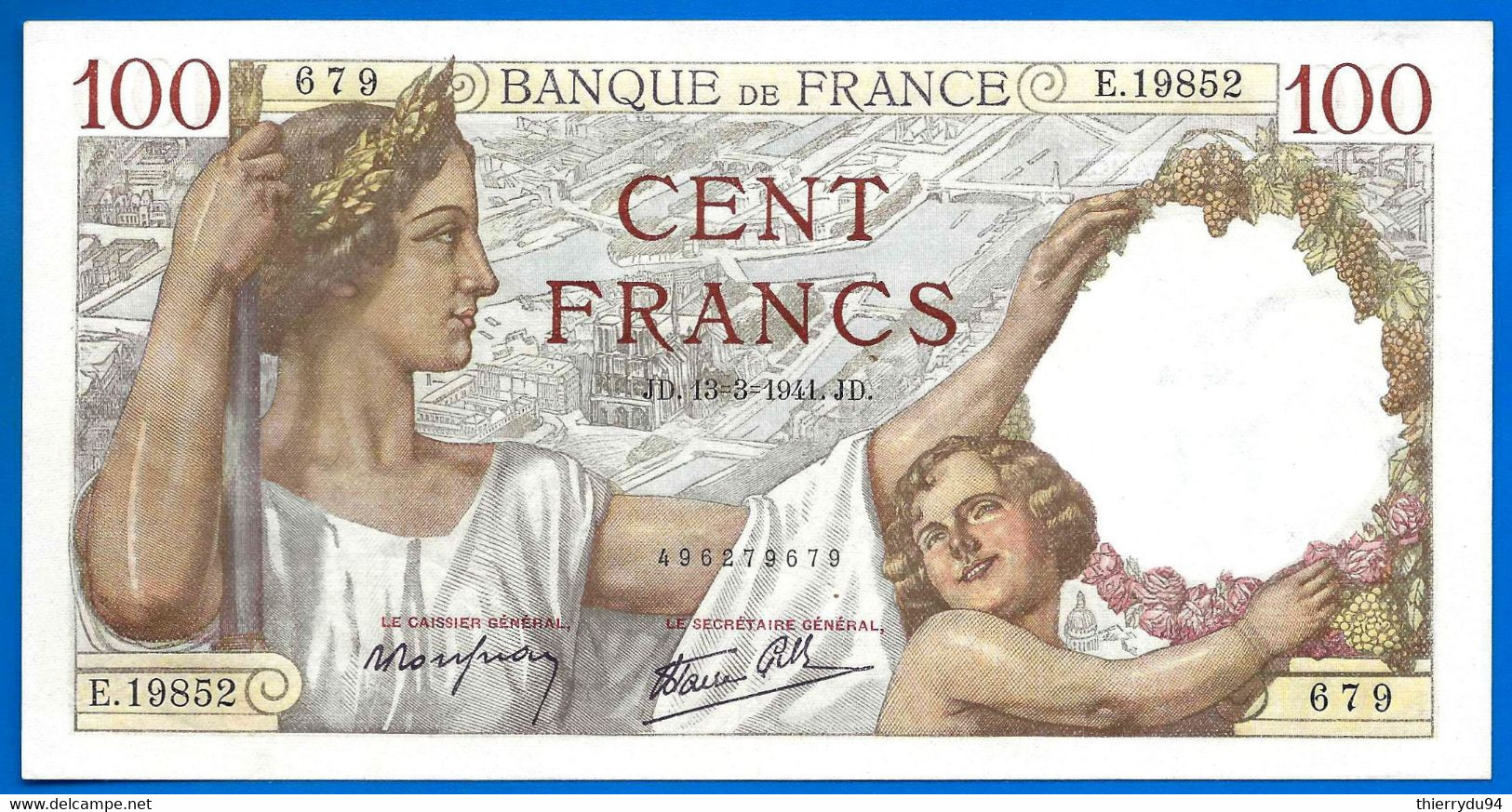 France 100 Francs 1941 Sully  13 3 1941 Serie E Que Prix + Port  Frcs Frc Paypal Bitcoin OK - 100 F 1939-1942 ''Sully''