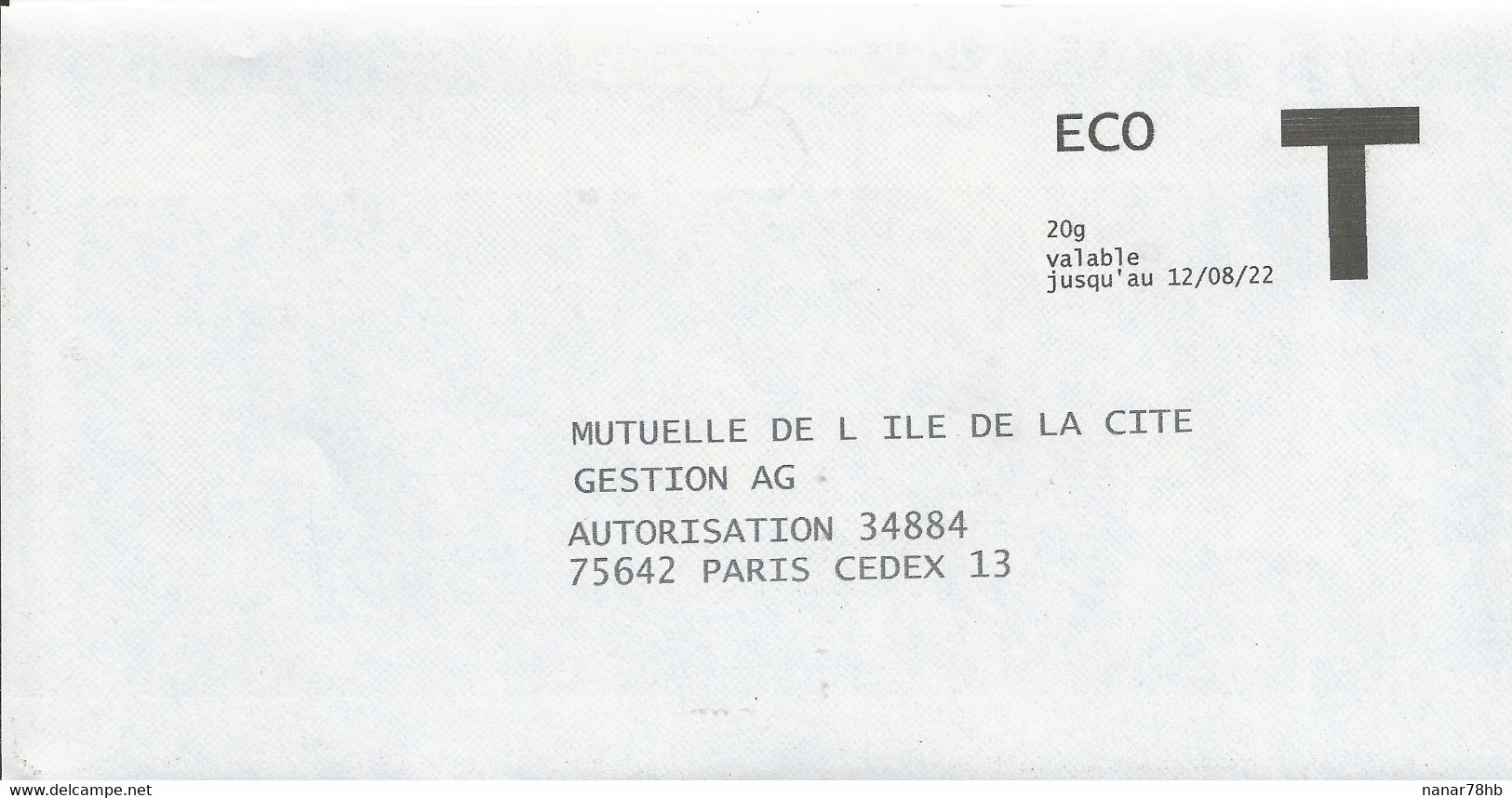 Lettre T, Eco 20g, MUTUELLE DE L'ILE DE LA CITE - Karten/Antwortumschläge T