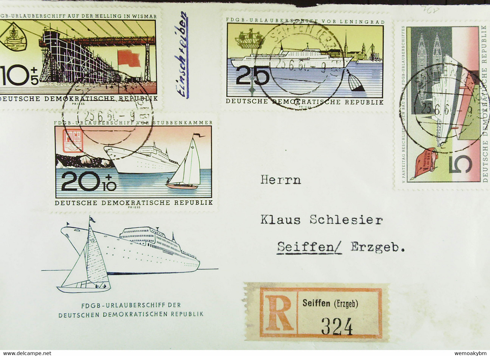 DDR: R-Brief Mit Satz "Stapellauf Des FDGB-Urlauberschiff MS F.Heckert" Aus SEIFFEN (Erzgeb.) (324) 25.6.60 Knr: 768-771 - Cartas & Documentos