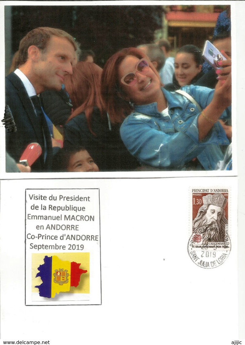 ANDORRA. Visite Du President Francais E Macron,Co-Prince D'Andorre,Septembre 2019, Au Dos Timbre Charlemagne - Brieven En Documenten