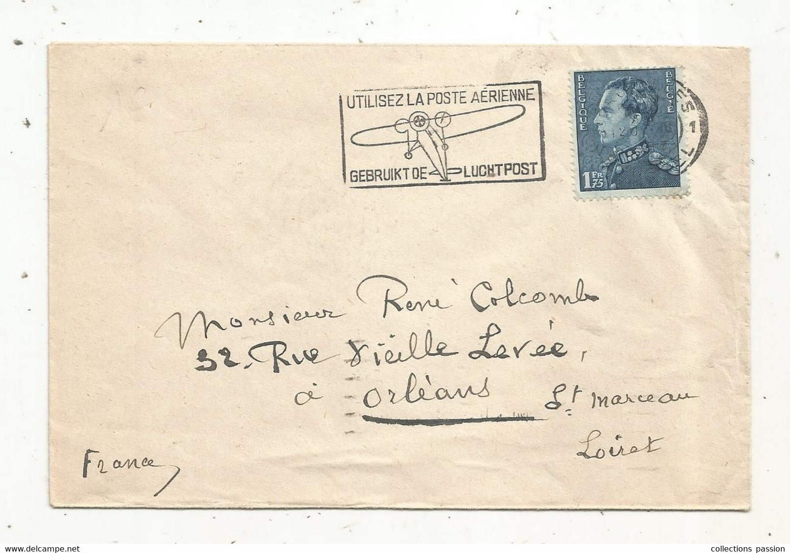 Lettre, BELGIQUE , FLAMME : Utilisez La Poste Aerienne , Gebruikt De Luchtpost , 1937, 3 Scans, Orléans LOIRET - Targhette