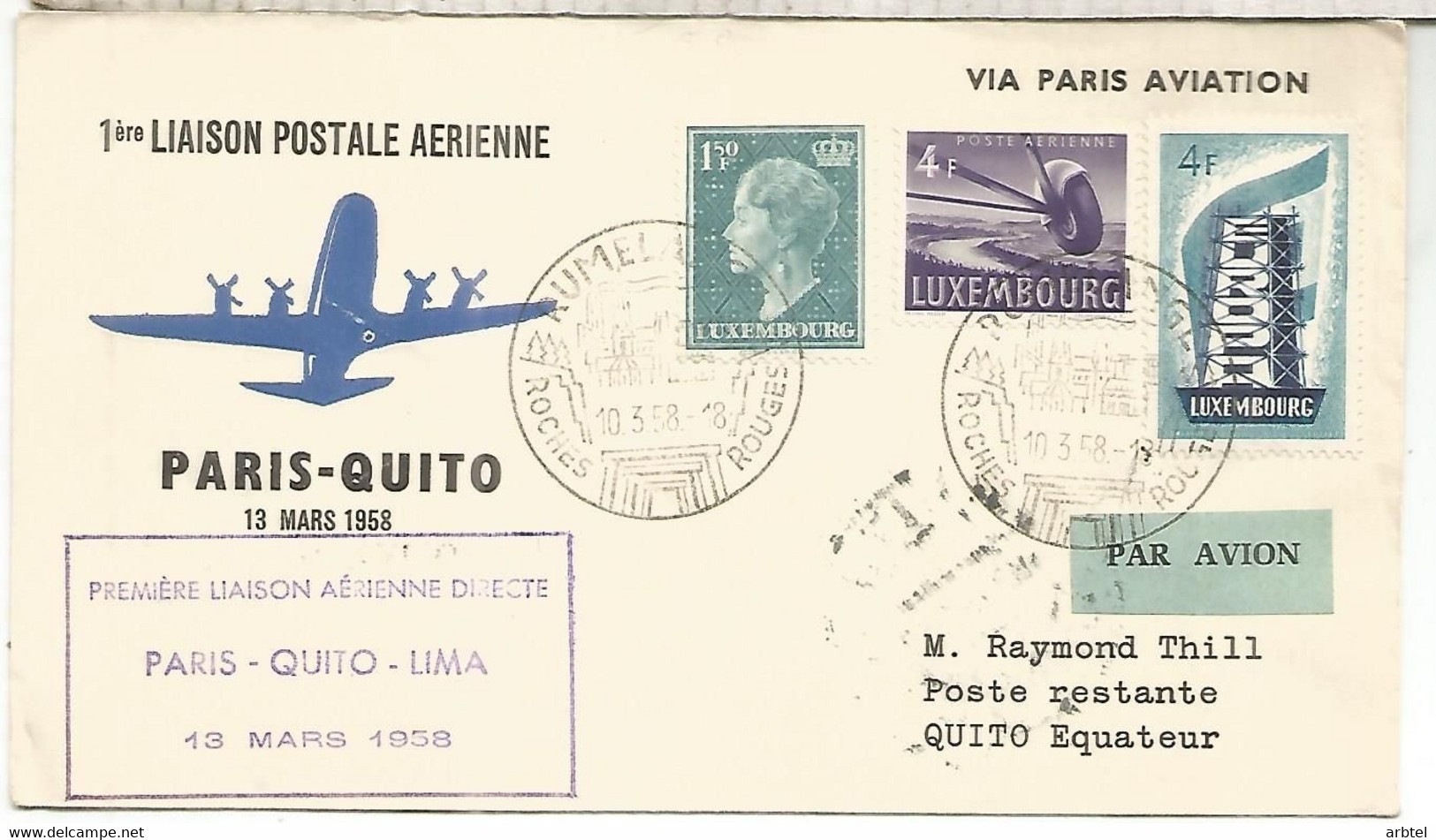 LUXEMBOURG CC PRIMER VUELO PARIS QUITO ECUADOR LIMA PERU 1958 LUFHANSA - Covers & Documents