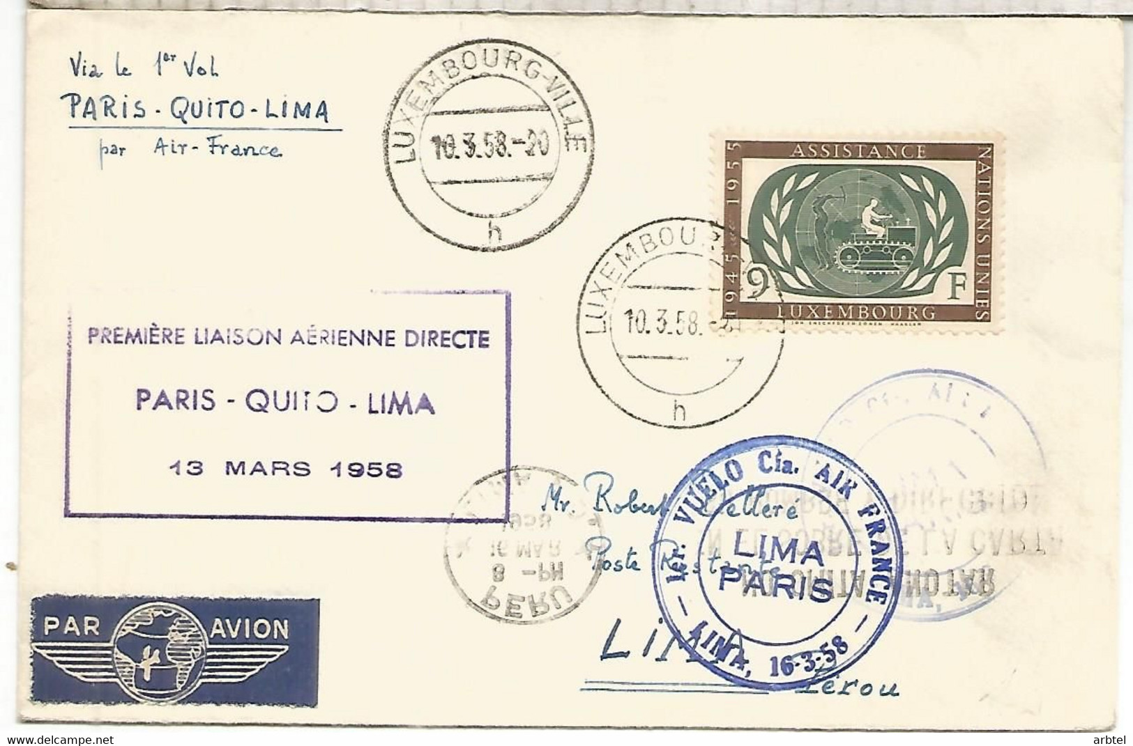 LOUXEMBURG CC PRIMER VUELO PARIS QUITO ECUADOR LIMA PERU 1958 - Covers & Documents