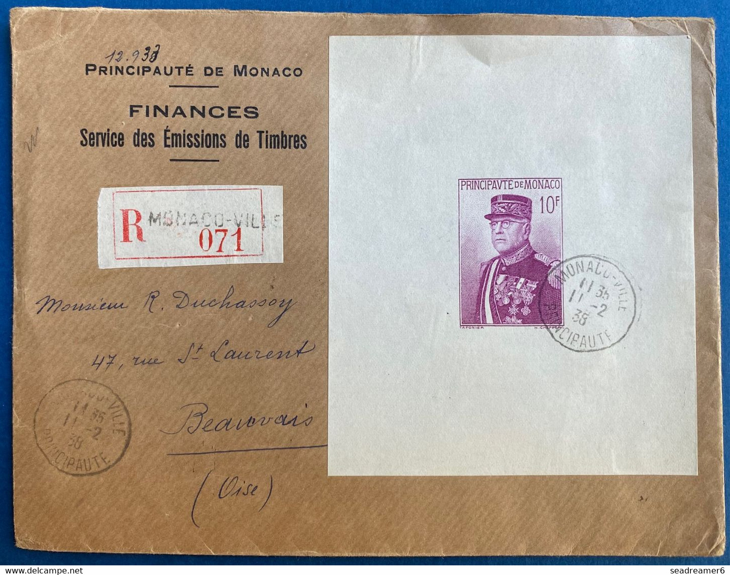 Monaco Lettre De 1938 Avec Bloc Feuillet N°1 Seul Sur Lettre Au Tarif Pour Beauvais TTB - Storia Postale