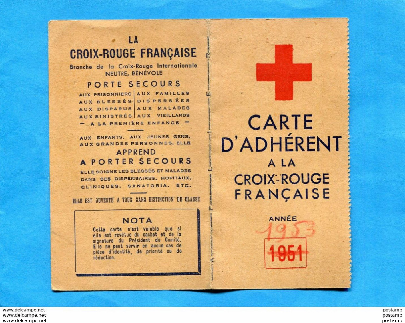 FRANCE- Carte D'adhérent Croix Rouge -années  1953 Avec 2 Vignettes Oblitérées  200frs - Rode Kruis