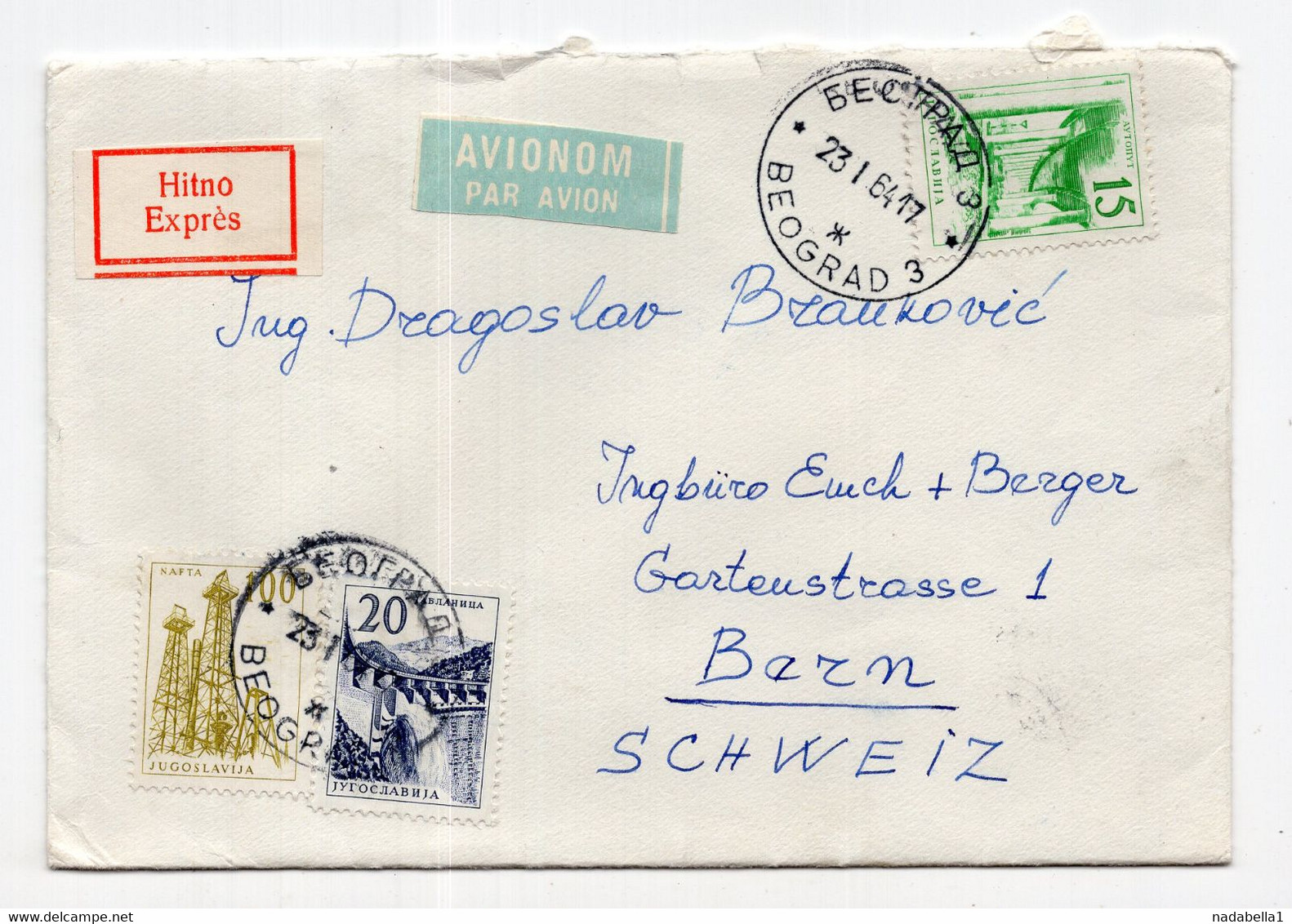 1964. YUGOSLAVIA,SERBIA,BELGRADE TO BERN,SWITZERLAND,AIRMAIL EXPRESS COVER - Poste Aérienne