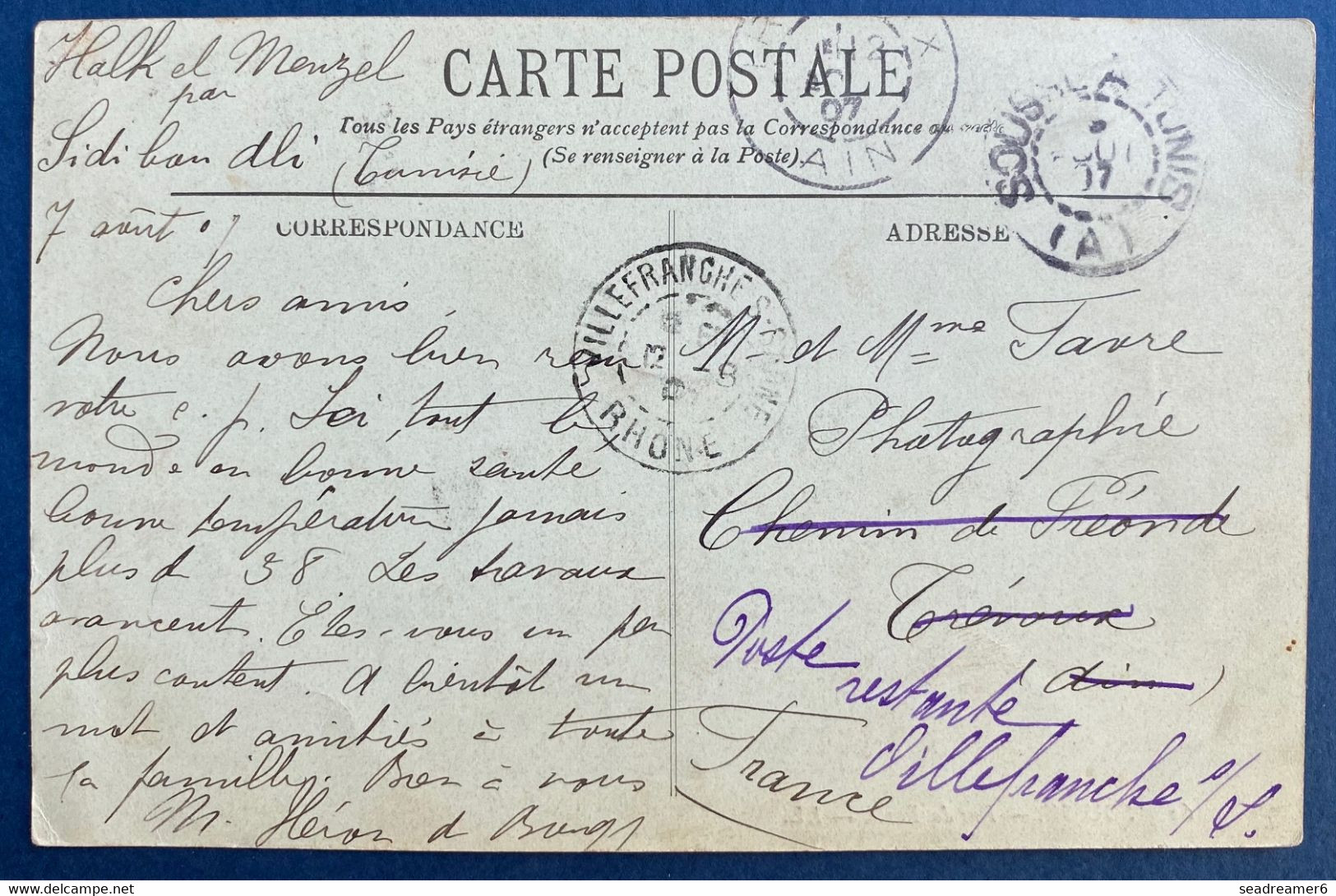 Carte Postale De 1907 De Halk El Menzel N°32 Oblitéré Dateur Ambulant "Sousse A Tunis" Pour Trevoux Puis Reexpédiée - Storia Postale