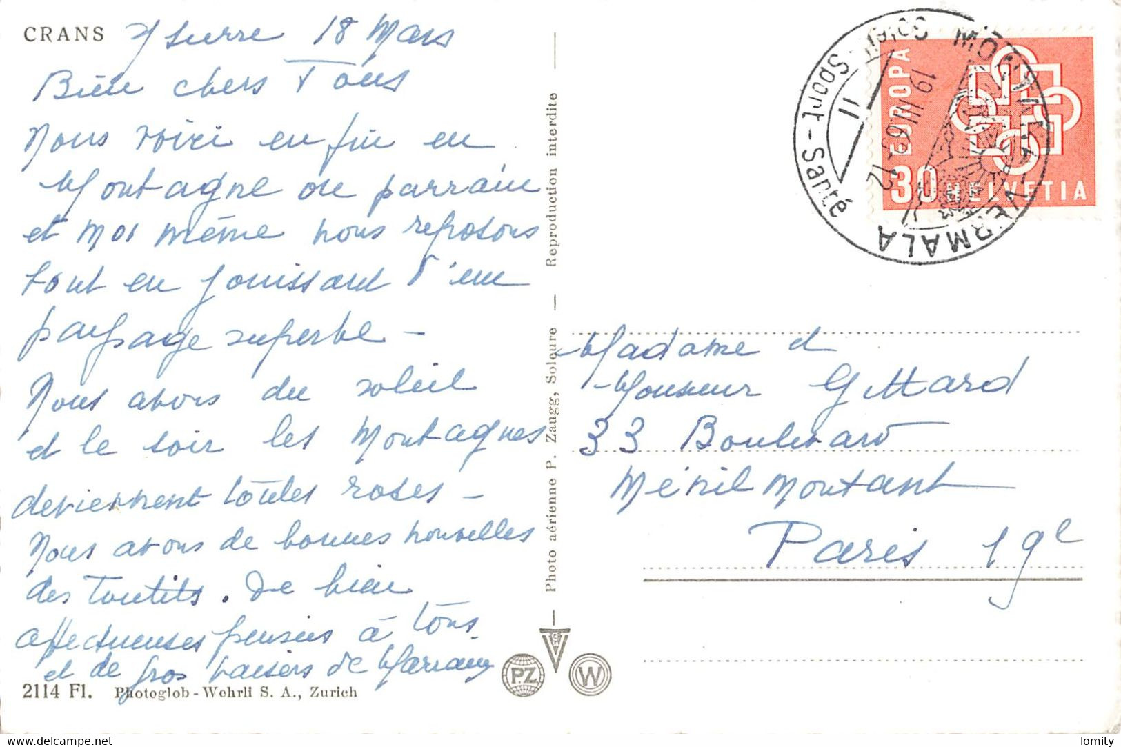 Suisse Crans Vue Aerienne + Timbre Cachet 1960 - Crans