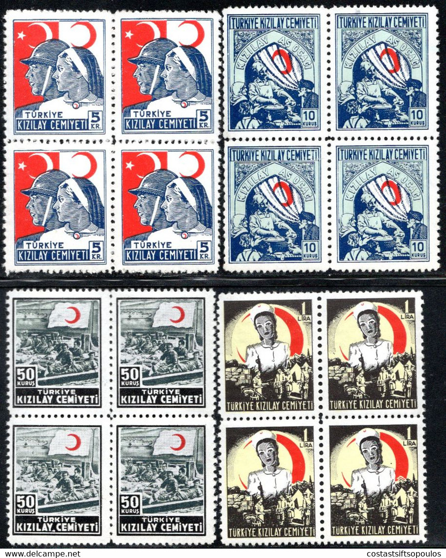 1022.TURKEY,1944-1945. CHARITY RED CRESCENT,RED CROSS,MICH.96-99 MNH BLOCKS OF 4 - Neufs